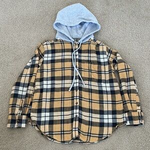 American Eagle Plaid Hooded Women’s Flannel Shirt - Gray & Gold Plaid - Size XS